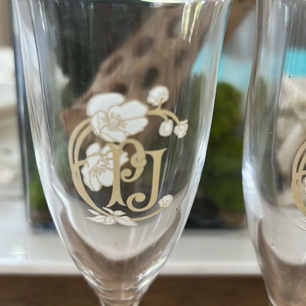 2 Perrier Jouet signature champagne flutes glasses with floral design set of two